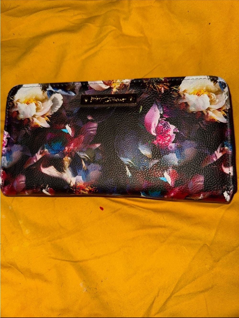 Betsey Johnson Black Floral Zip Wallet with Multicolor Blooms
